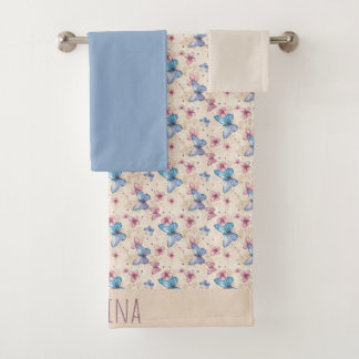 Aquarell-Rosa-Blau-Schmetterling-Mustername Badhandtuch Set