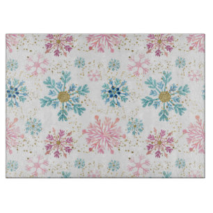 Aquarell Rosa, Blau und Gold Winter-Schneeflocken Schneidebrett