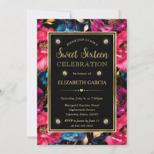 Aquarell-Rosa-Blau- und Goldene Blumen Sweet 16 Einladung