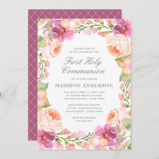 Aquarell Rosa Blume Erste Heilige Kommune Einladung (Vorne/Hinten)