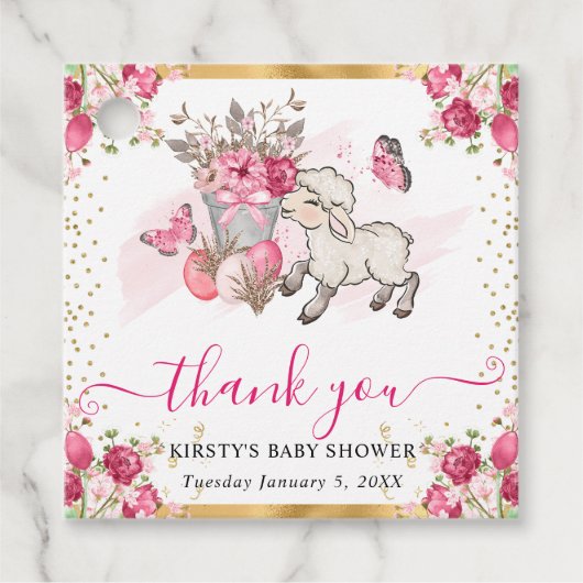 Aquarell Rosa Blume Frühlingslamm Babydusche Geschenkanhänger (Vorderseite)