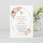 Aquarell Rosa Blume Gold Cross Girl Taufe Einladung (Stehend Vorderseite)