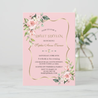 Aquarell Rosa Blume Gold Rahmen 16 . Geburtstag Einladung