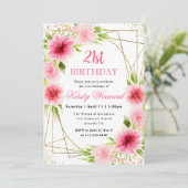 Aquarell Rosa Blume Gold Rahmen 21. Geburtstag Einladung (Stehend Vorderseite)