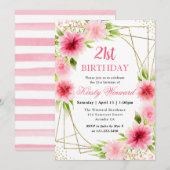 Aquarell Rosa Blume Gold Rahmen 21. Geburtstag Einladung (Vorne/Hinten)