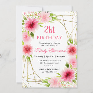 Aquarell Rosa Blume Gold Rahmen 21. Geburtstag Einladung