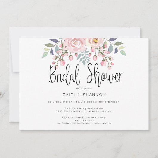 Aquarell Rosa Blume Kalligrafisches Brautparty Einladung (Vorderseite)