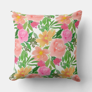 Aquarell-Rosa-Blumen auf Weiß Kissen