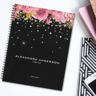 Aquarell-Rosa-Blumen-Blumen-Diamant-Glitter Notizblock
