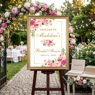 Aquarell-Rosa-Blumen-Brautparty-Willkommen-Gold Poster