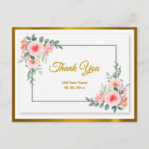 Aquarell-Rosa-Blumen-Dankeschön und Goldrahmen Postkarte