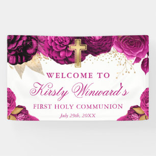 Aquarell rosa Blumen Erste heilige Kommunion Banner