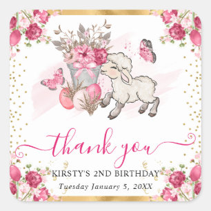 Aquarell Rosa Blumen Frühlingslämmer Geburtstag Quadratischer Aufkleber