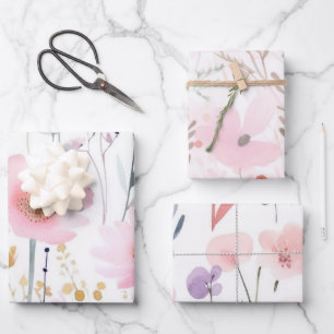Aquarell-Rosa-Blumen Geschenkpapier Set