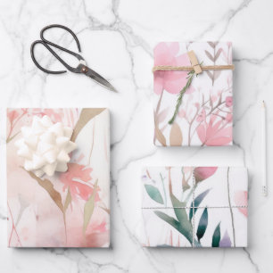 Aquarell-Rosa-Blumen Geschenkpapier Set