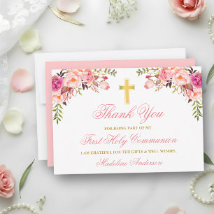 Aquarell-Rosa-Blumen-Gold-Erstkommunion Dankeskarte