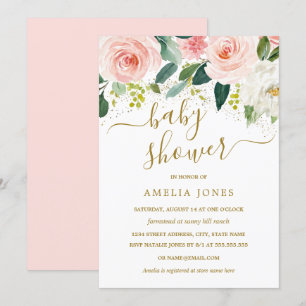 Aquarell-Rosa-Blumen-Gold-Glitter-Baby-Party Einladung