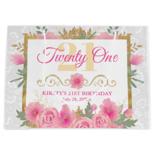 Aquarell-Rosa-Blumen & Goldfolie Geburtstag Große Geschenktüte