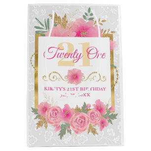 Aquarell-Rosa-Blumen & Goldfolie Geburtstag Mittlere Geschenktüte