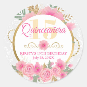 Aquarell-Rosa-Blumen & Goldfolie Quinceañera Runder Aufkleber