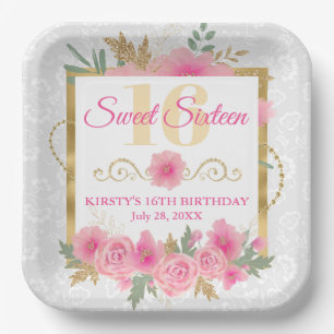 Aquarell-Rosa-Blumen & Goldfolie Sweet Sixteen Pappteller