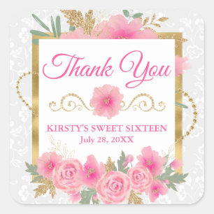 Aquarell rosa Blumen & Goldfolie Sweet Sixteen Quadratischer Aufkleber