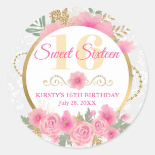 Aquarell-Rosa-Blumen & Goldfolie Sweet Sixteen Runder Aufkleber