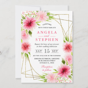 Aquarell-Rosa-Blumen-Goldrahmen-Hochzeit Einladung