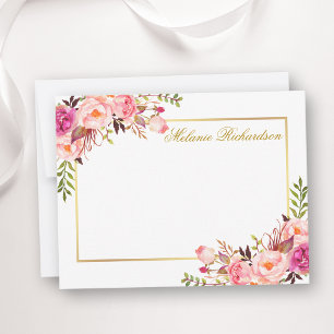 Aquarell-Rosa-Blumen-Goldrahmen personalisiert Mitteilungskarte