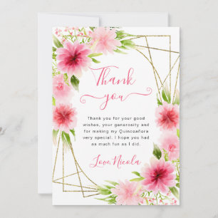 Aquarell-Rosa-Blumen-Goldrahmen-Quinceanera Dankeskarte