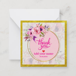 Aquarell Rosa Blumen & Goldrand Ich danke dir Mitteilungskarte