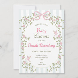 Aquarell-Rosa-Blumen-Grün & Schleife Baby Shower Einladung