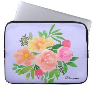 Aquarell rosa Blumen & grüne Blätter Laptopschutzhülle