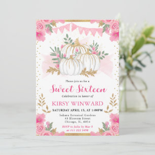 Aquarell Rosa Blumen Herbst Kürbis Sweet 16 Einladung