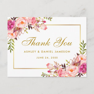 Aquarell-Rosa-Blumen-Hochzeit-Gold-Danke Postkarte