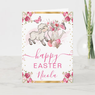 Aquarell Rosa Blumen Lamm Frohe Ostern Karte