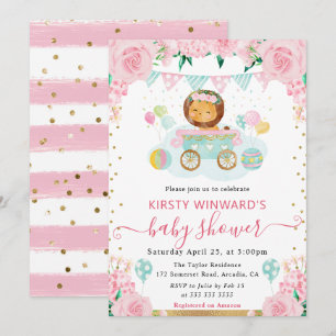 Aquarell Rosa Blumen Löwe Baby Shower Einladung