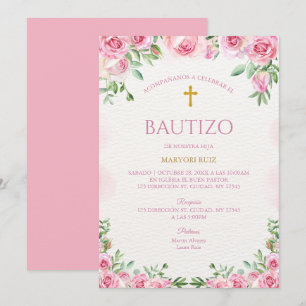 Aquarell-Rosa-Blumen-Mädchen-Taufe Einladung