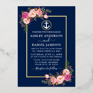 Aquarell Rosa Blumen Maritime Anker Blau Gold Folieneinladung