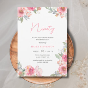 Aquarell Rosa Blumen Neunzig 90. Chic Geburtstag Einladung