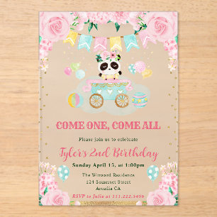 Aquarell-Rosa-Blumen-Panda-Kinder-Geburtstag Acryleinladungen