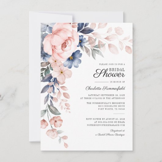 Aquarell-Rosa-Blumen-Script-Brautparty Einladung (Vorderseite)