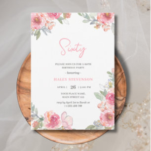 Aquarell Rosa Blumen Sechzig Boho Chic Geburtstag Einladung