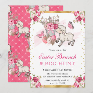 Aquarell Rosa Blumen Süßes Lamm Ostern Brunch Einladung