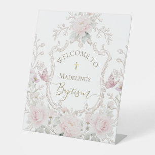 Aquarell rosa Blumen Taufe Willkommen Sockelschild