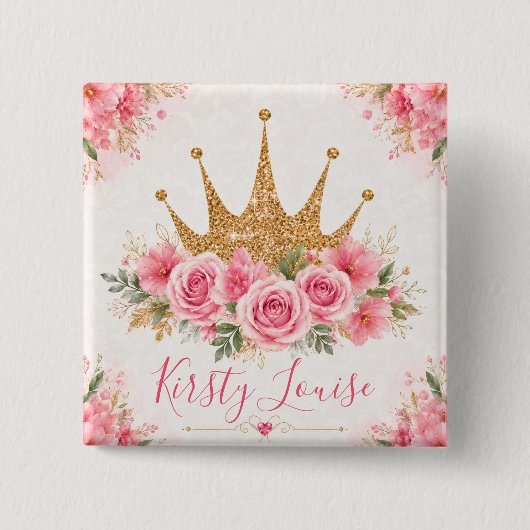 Aquarell-Rosa-Blumen und goldene Tiara Button (Vorderseite)
