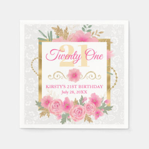 Aquarell-Rosa-Blumen- und Goldfolien-Geburtstagsfe Serviette