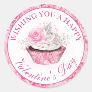 Aquarell-Rosa-Blumen-Valentinstag-Cupcake Runder Aufkleber