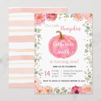 Aquarell-rosa Blumengoldkürbis-1. Geburtstag Einladung