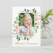 Aquarell Rosa Blumengrün Foto Kommunion Einladung (Stehend Vorderseite)